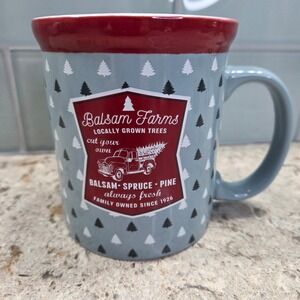 Balsam Farms Ceramic Mug Farmhouse Truck Christmas Trees Red Rim
